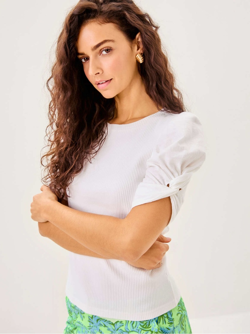 Lilly Pulitzer Igby Knit Top Women White Puff Sleeve Ribbed XXS